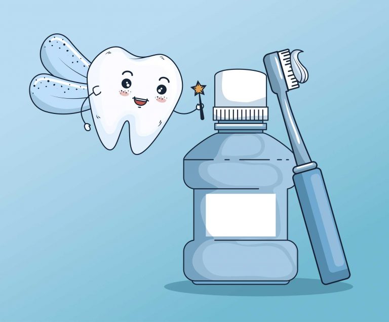 illustration of the tooth fairy with mouthwash and toothbrush tool