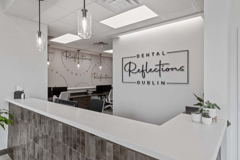 front desk with Dental Reflections Dublin logo in the background